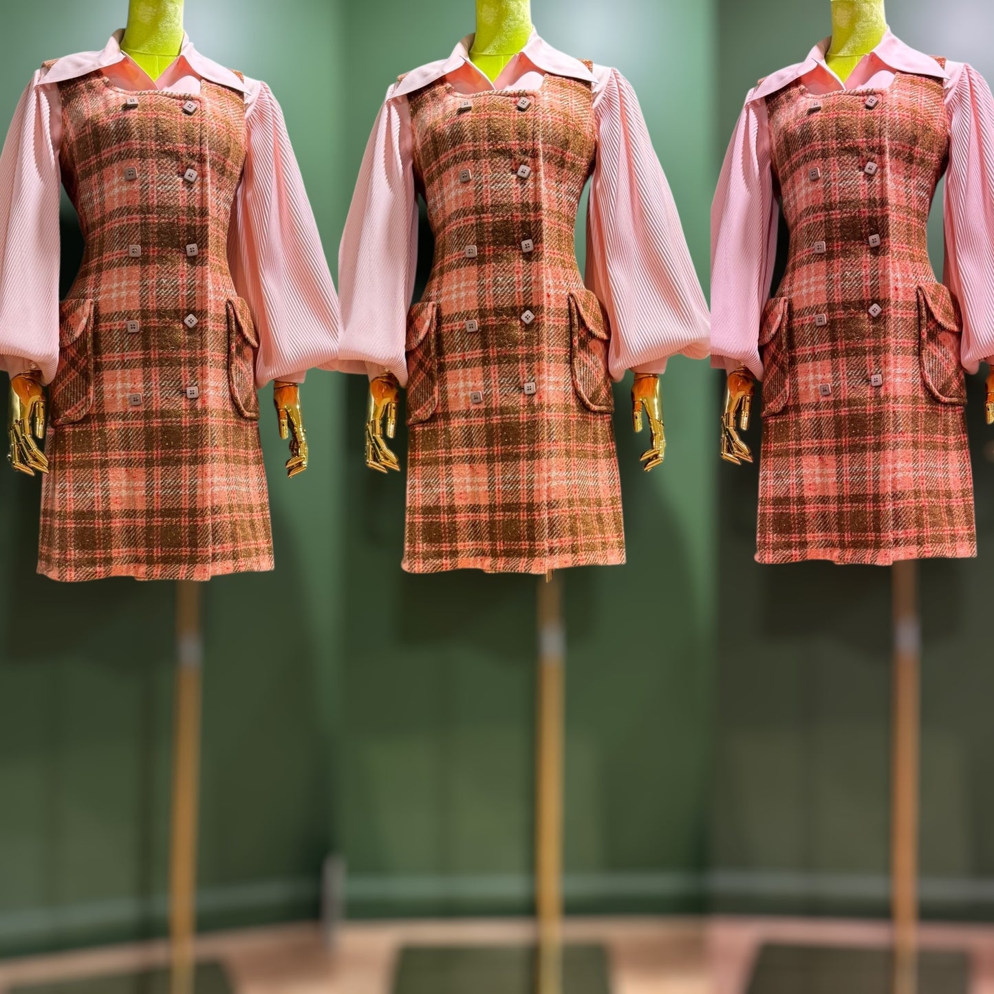 60s-70s Pink Plaid Pinafore Dress (XS-Small)