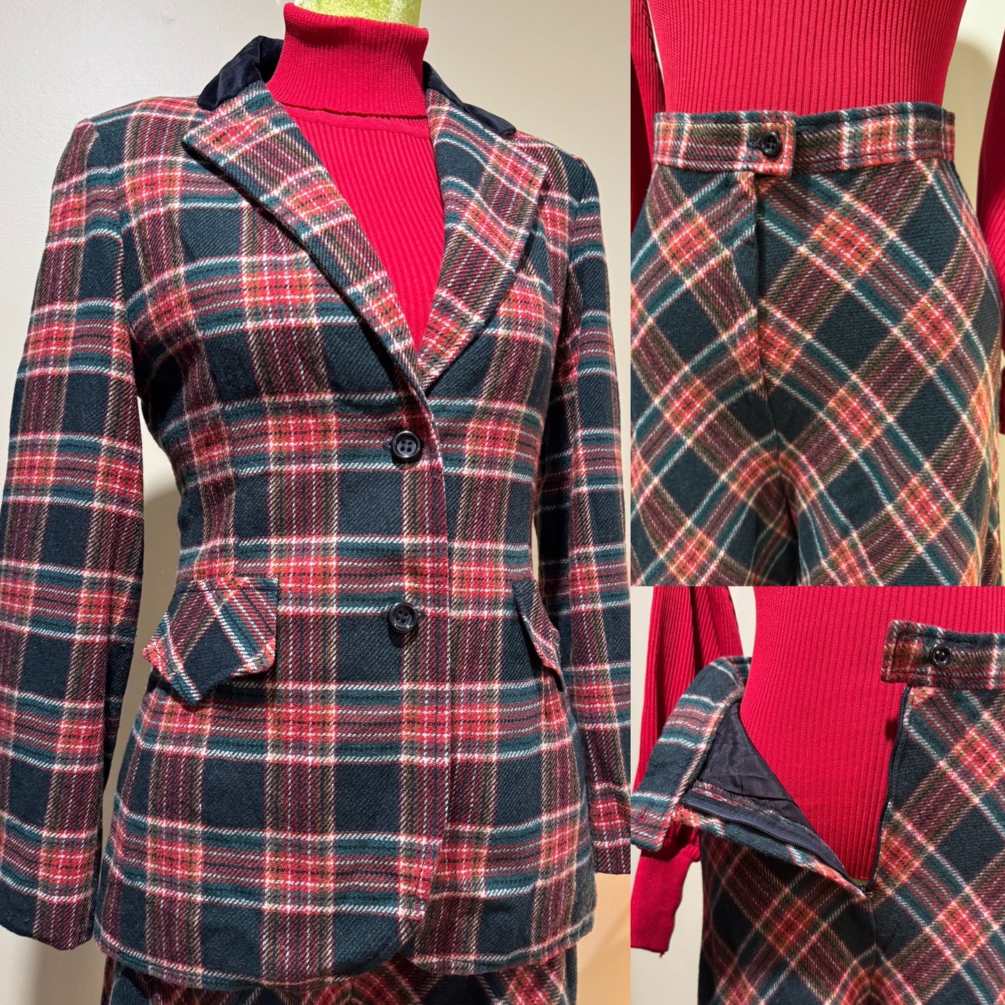 70s 2-Piece Red & Green Culotte Plaid Set (S, 26" Waist)