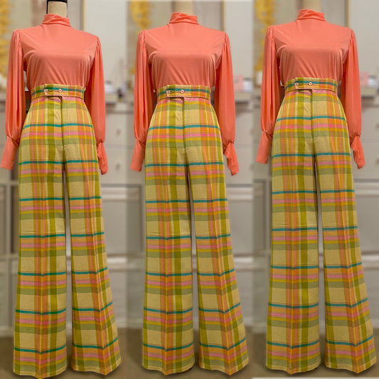 70s Vibrant Plaid, High Rise Wide Leg Pants (S-M, 27" Waist)