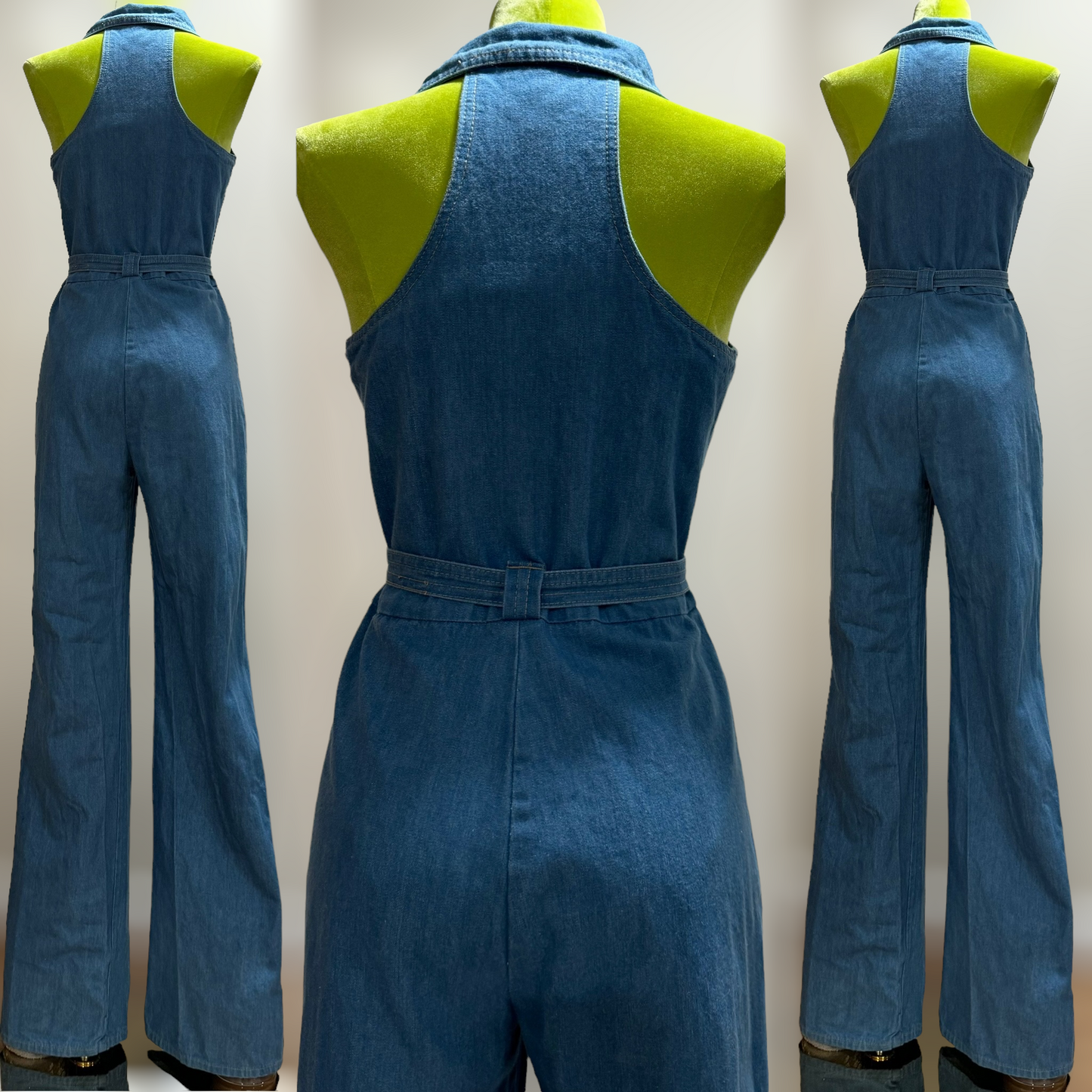 70s Halter Style, Wide Leg Denim Jumpsuit (S, 28”-29”Waist)