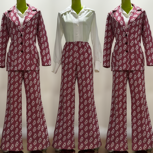 70s 2PC Floral Wide Leg Flare Pantsuit (M, 26"W-35"W)