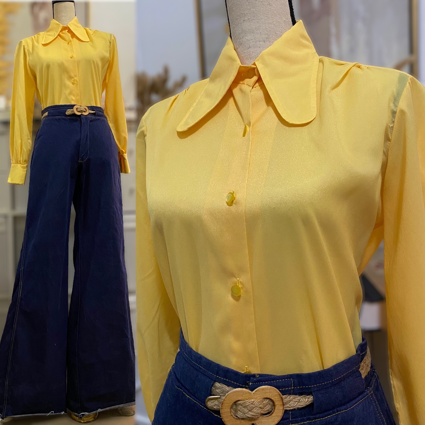 70s Beagle Collar Yellow Blouse (M-L, 40” bust)