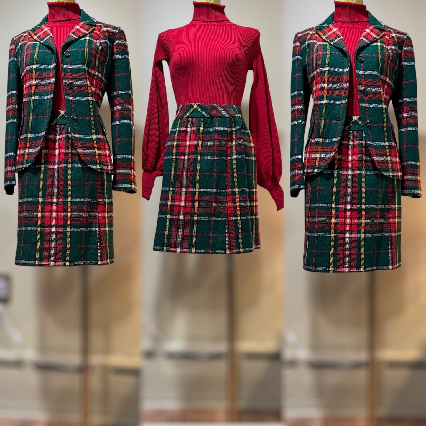 60s Green & Red Plaid Skirt Suit (XS-Small, 25"-26" Waist)