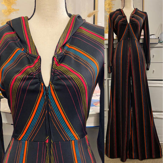 70's Hooded & Multicolor Disco Sexy Bell Bottom Jumpsuit (Medium, 28" Waist)