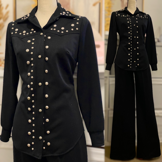 70s Studded 2PC Flared Pantsuit (M, 24”-32” waist)