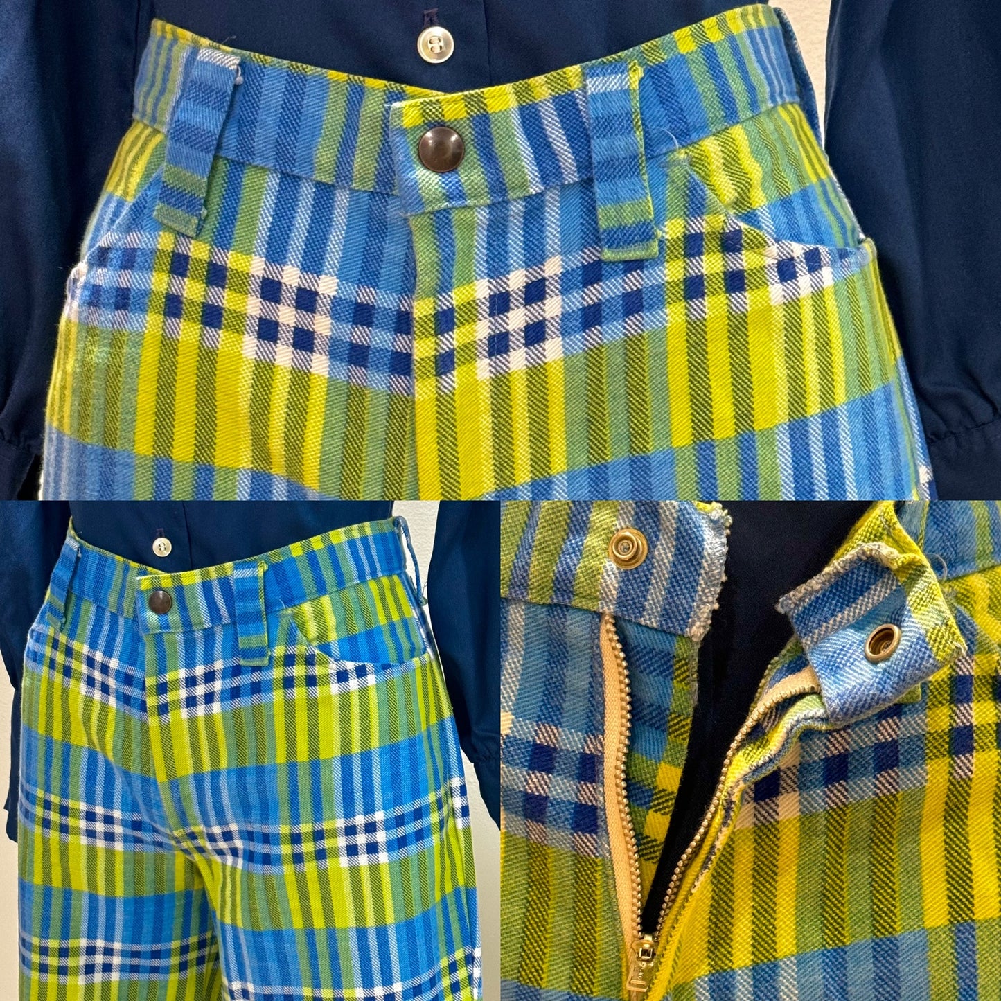 70s Plaid Midrise Bell Bottom Cotton Pants (S, 29"W)