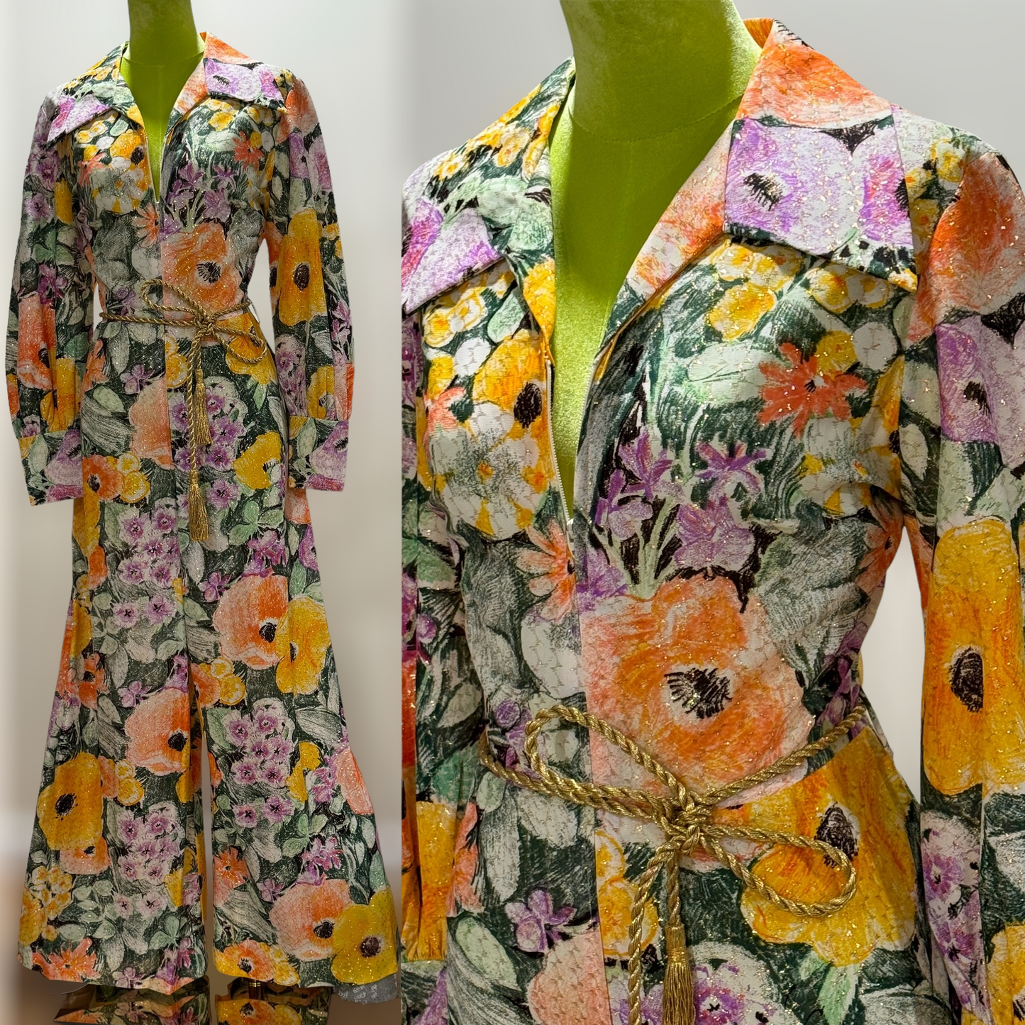 60s-70s 2pc Floral Lurex Wide Leg Jumpsuit with Golden Rope Belt (M, 29"-30" Waist)