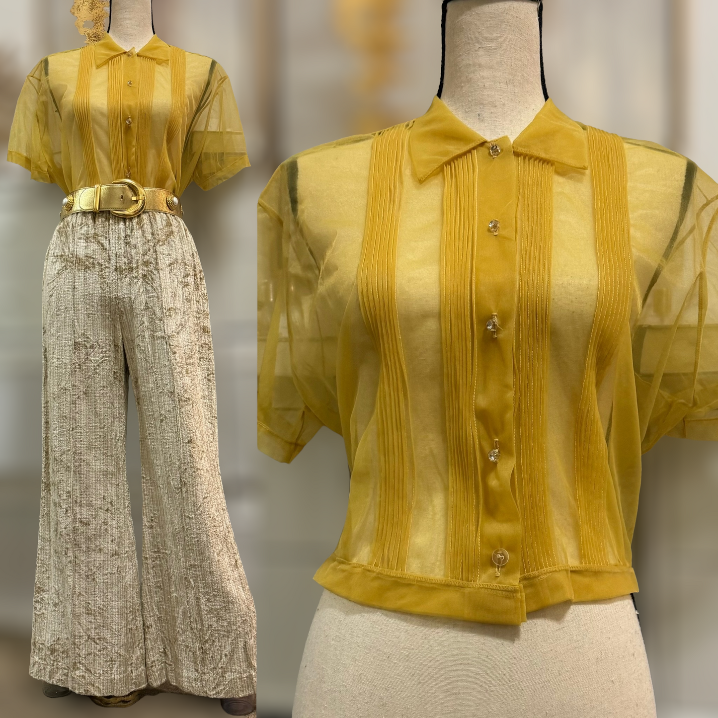 40s/50s Yellow Gold Nylon Blouse w/ Short Dolman Sleeves (L-XL, 47” bust)