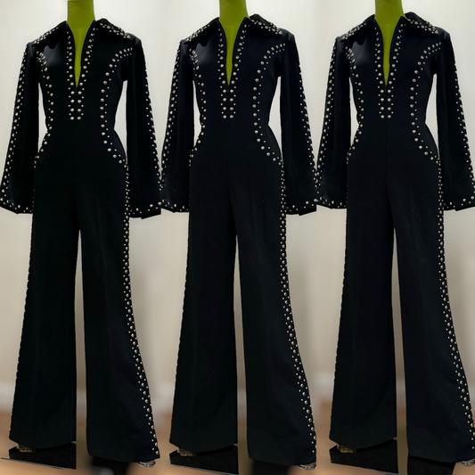 70s Studded Bell Bottom, Zipper Front Jumpsuit (XS, 25"-26" Waist)