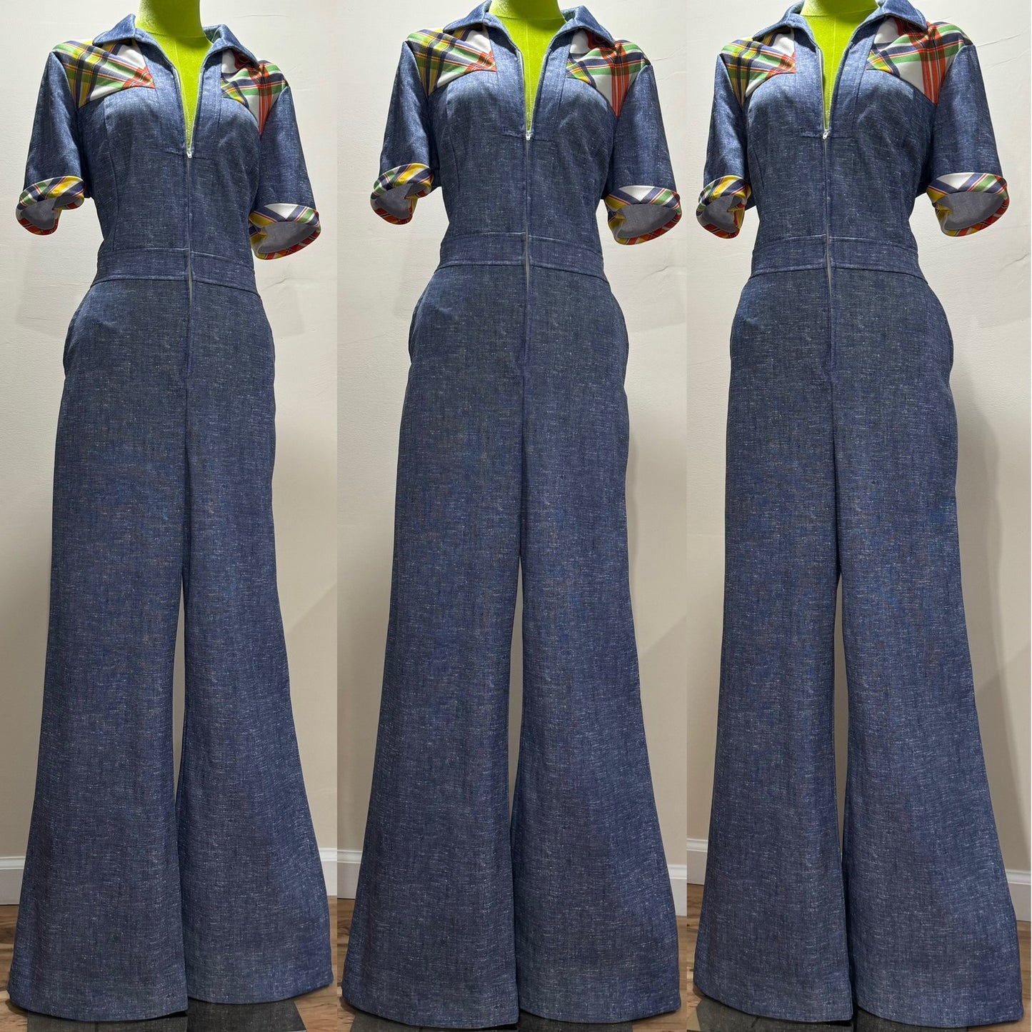 70s Denim Look, Plaid Details Wide Leg Jumpsuit w/ Zippered Front (M)