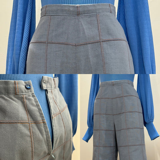 60s 70s  Windowpane/Patchwork High Rise Bell Bottom Pants (XS-S, 25"-26" W)
