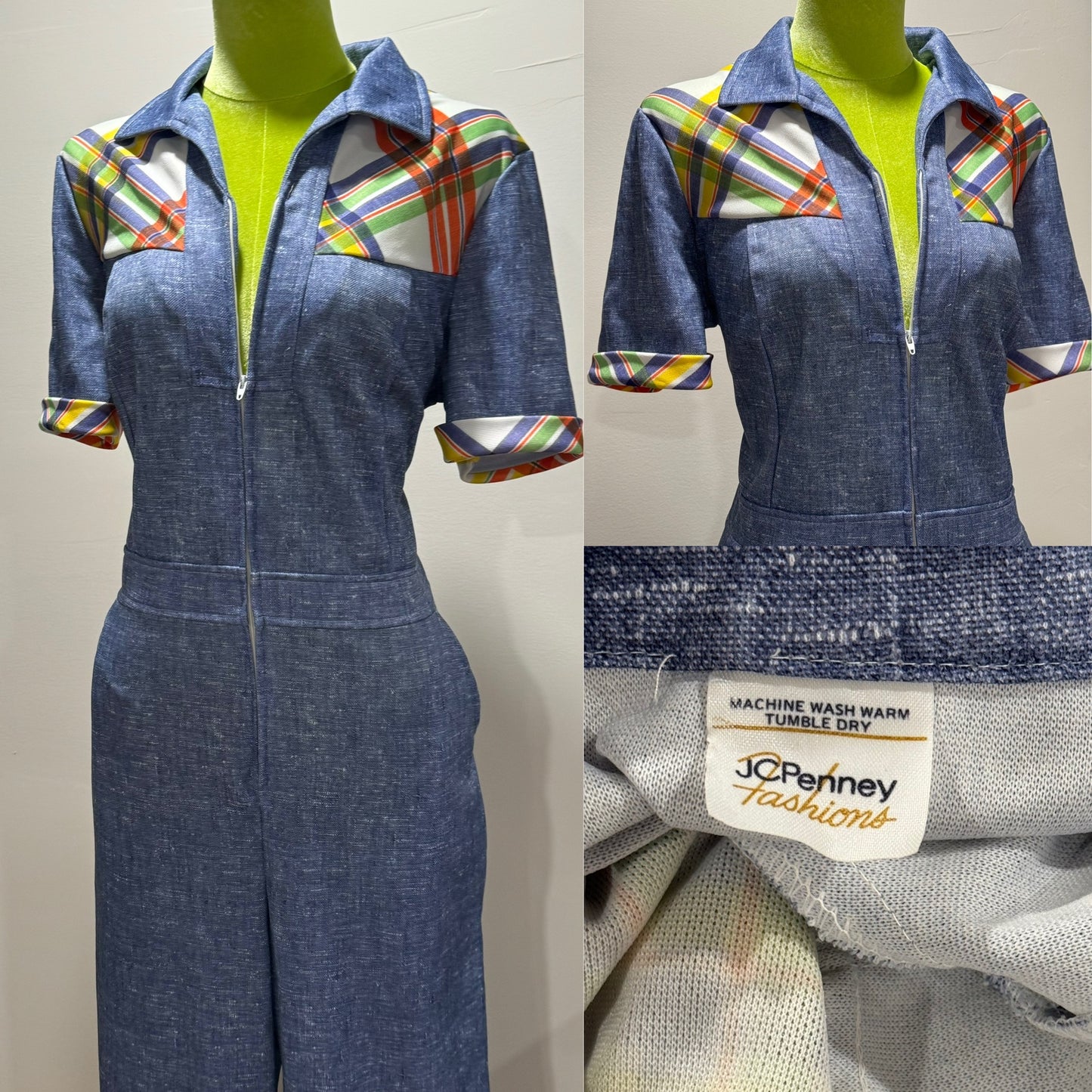 70s Denim Look, Plaid Details Wide Leg Jumpsuit w/ Zippered Front (M)