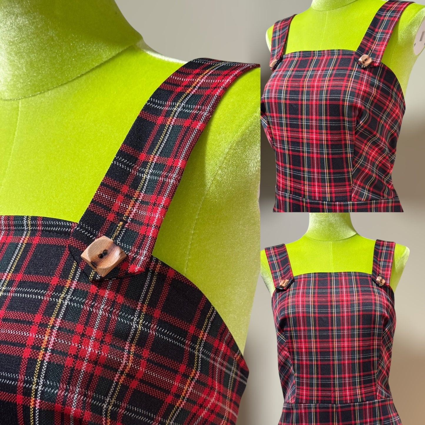 70s 2-Piece Red & Green Plaid Jumpsuit Set with Bolero Jacket (M, 28" Waist)