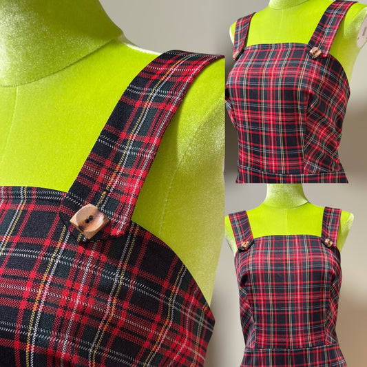 70s 2-Piece Red & Green Plaid Jumpsuit Set with Bolero Jacket (M, 28" Waist)