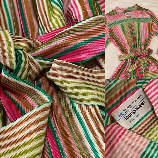 70s-80s Colorful, 3/4 Sleeves Silky Romper (S-L, 27"-36" Waist)