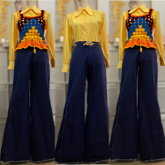 70s Denim, Midrise Bell Bottoms with Rope Belt (S, 27”- 28" Waist)