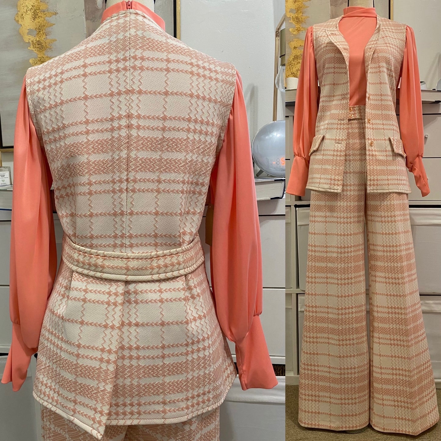70s Deadstock Abstract 2Pc Vest Pantsuit (M, 29”-30” Waist)