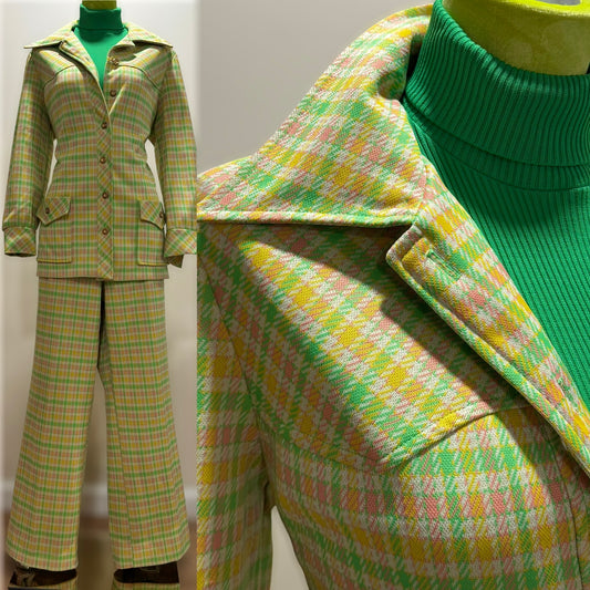 70s 2pc Pastel Geometric Wide Leg Leisure Suit (XL, 33"-40" Waist)