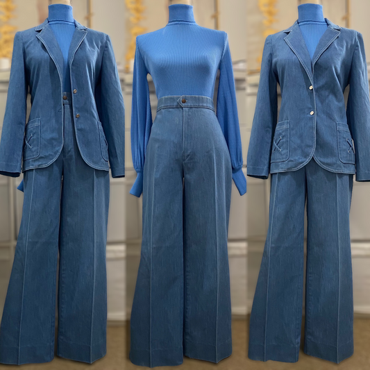 70s 2Pc Light Denim Look Flared Pantsuit (M, 28”-29” Waist)