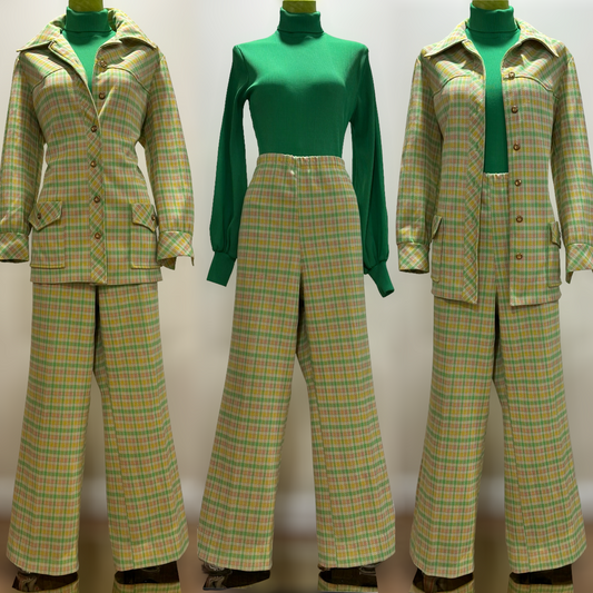 70s 2pc Pastel Geometric Wide Leg Leisure Suit (XL, 33"-40" Waist)