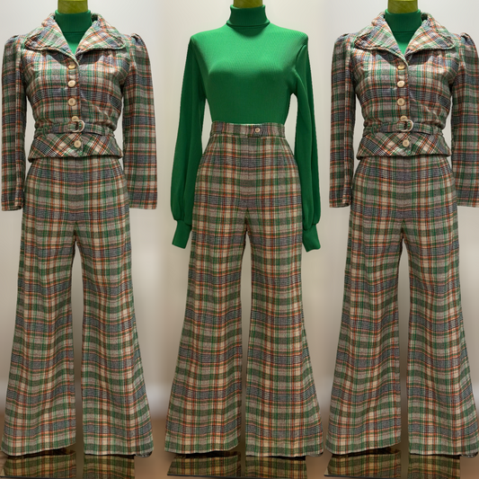 70s Plaid 3PC Wide Leg Pantsuit w/ Cropped Jacket (S-M, 27"-28" Waist)