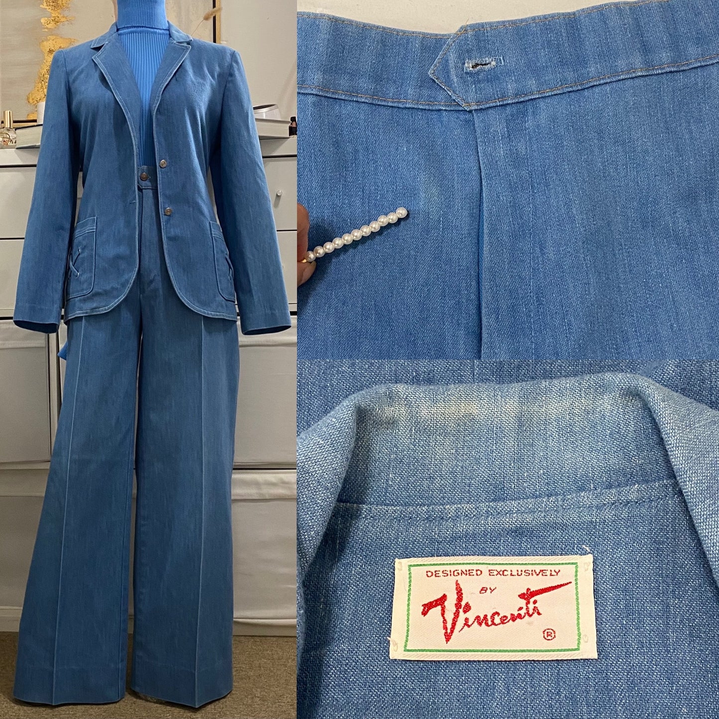 70s 2Pc Light Denim Look Flared Pantsuit (M, 28”-29” Waist)