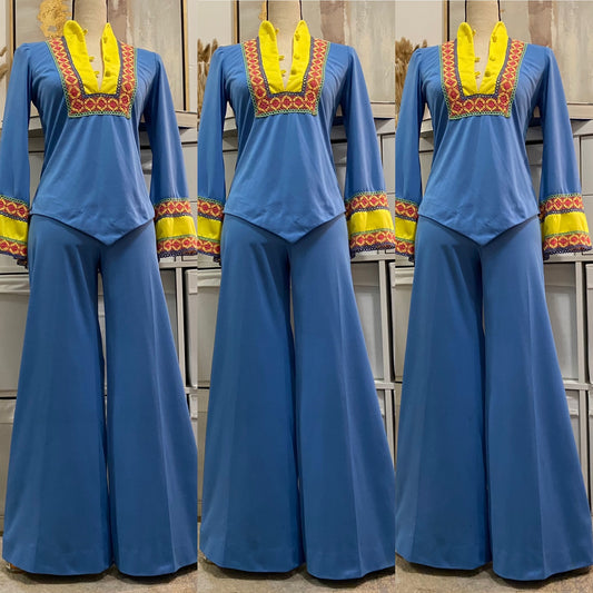 70s 2PC Embroidered, Colorful Pant Set (S-M, 28"-33" Waist)