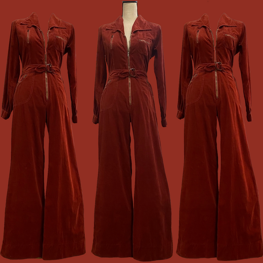 70s Corduroy, Zipper Front, Wide Leg Jumpsuit (S-M, 26"-30" Waist)