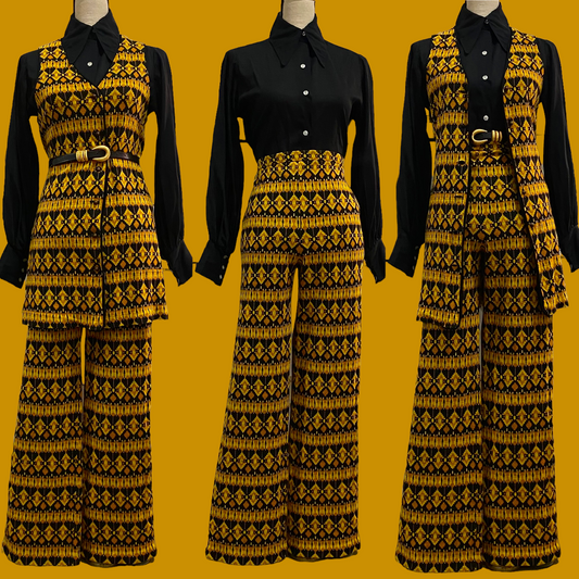 60s-70s Geometric 2-Piece Pant Set, Bootcut, Vest (S-M, 27"-32" Waist)