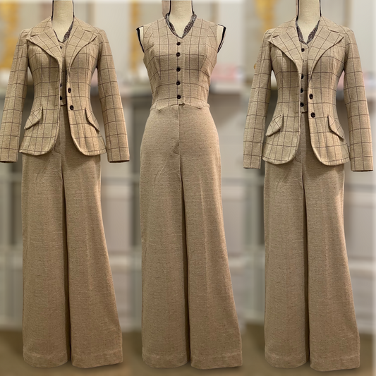70s 2PC Vest Jumpsuit & Blazer, Latte Beige (S, 26”-27” waist)