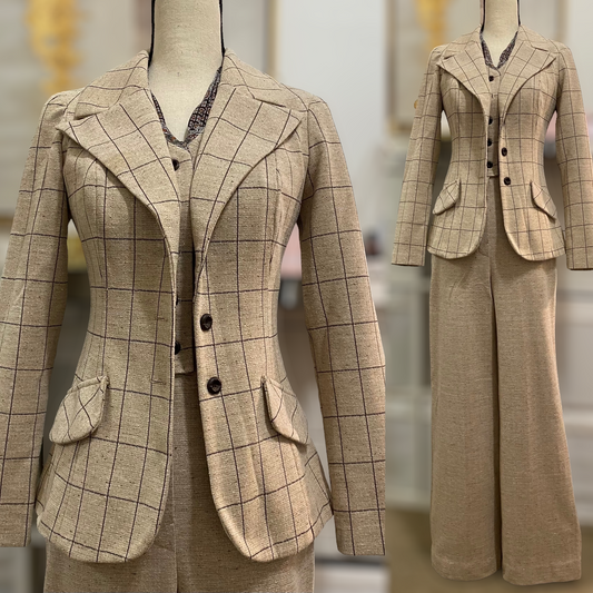 70s 2PC Vest Jumpsuit & Blazer, Latte Beige (S, 26”-27” waist)