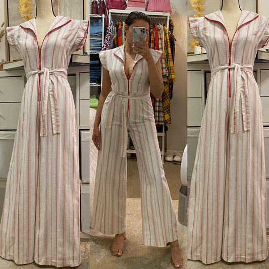 70s Cotton, Zipper Front, Wide Leg Jumpsuit (S-M, 27”-28”waist)