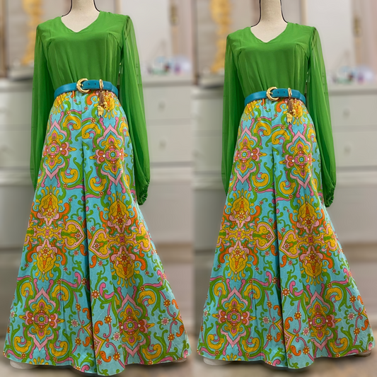60s-70s Groovy, Cotton Palazzo Pants (L, 31"-36"W)