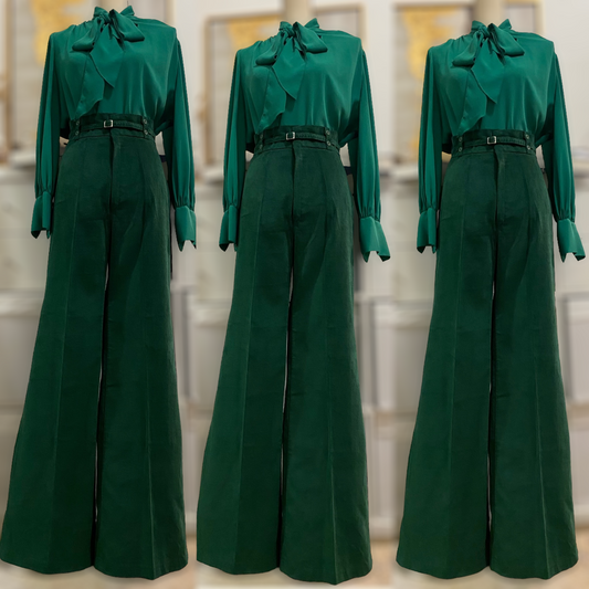 70s Emerald Cotton Velvet High Rise, Flared Pants (M, 28”-29” W)