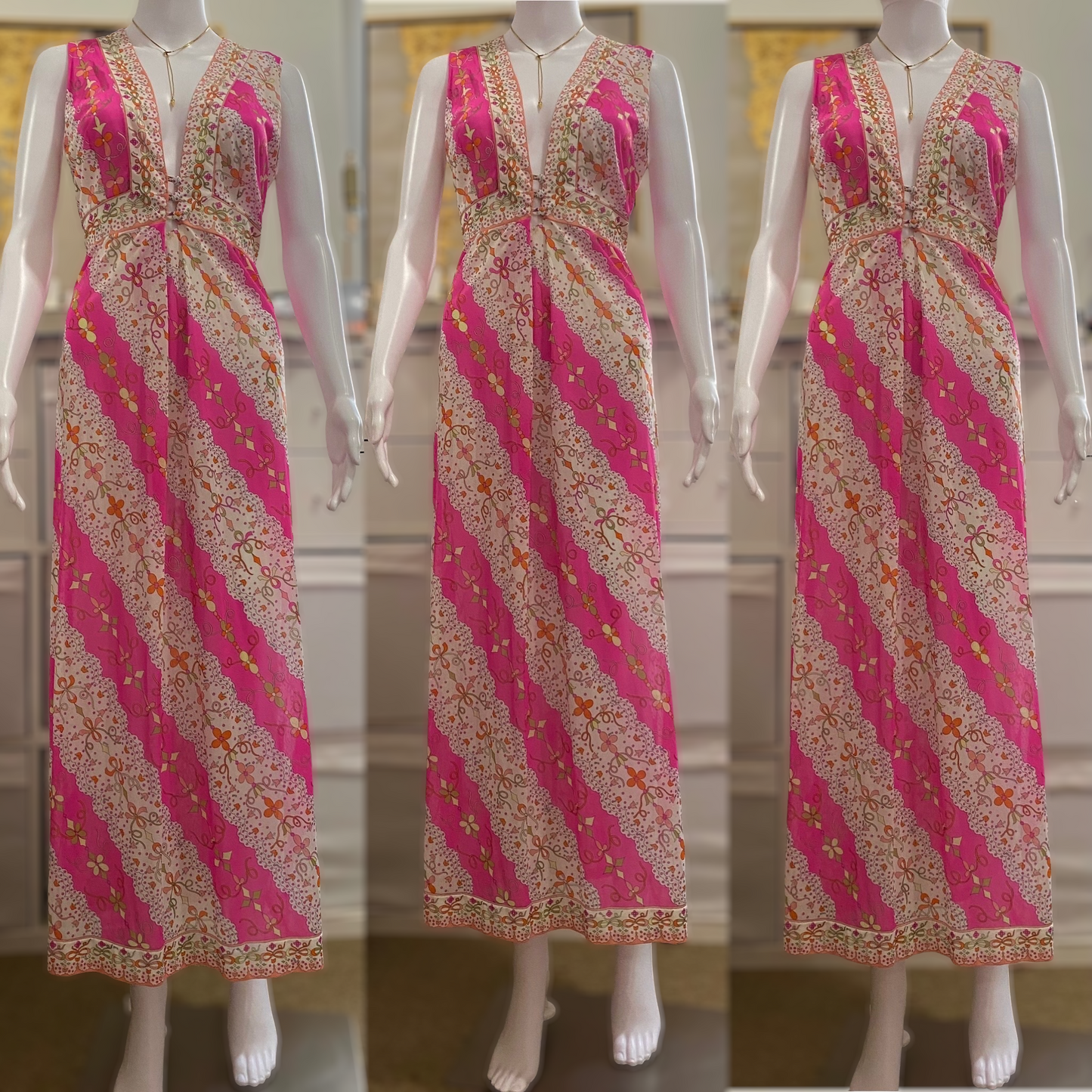 60s Plunging Neckline Slip Midi/Maxi Dress (S-M, 28" Waist)