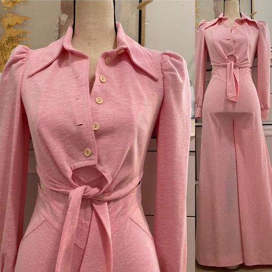 70s 2PC Overall Bell Bottom Jumpsuit W/ Cropped Jacket (XS-S, 25"-26" Waist)