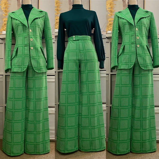 70s Abstract 2PC Wide Leg Pantsuit (M, 31”-32” Waist)