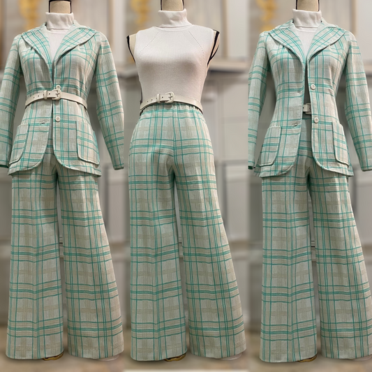 70s Plaid, Silk-Poly blend 2PC Pantsuit (XS, 23”- 28”W)