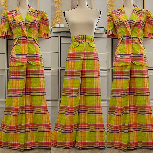 60s-70s Pastel Plaid Seersucker High Rise Pantsuit (XS, 24” waist)