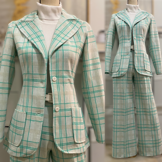 70s Plaid, Silk-Poly blend 2PC Pantsuit (XS, 23”- 28”W)