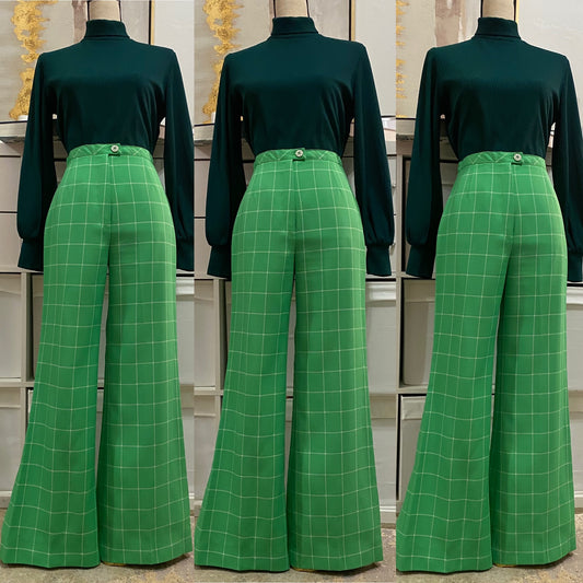 70s Kelly Green, Grid Wide Leg Pants (s, 26” waist)
