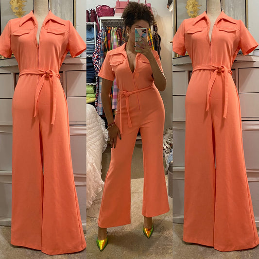 70s Creamsicle Zipper Front Jumpsuit (M,33” waist)