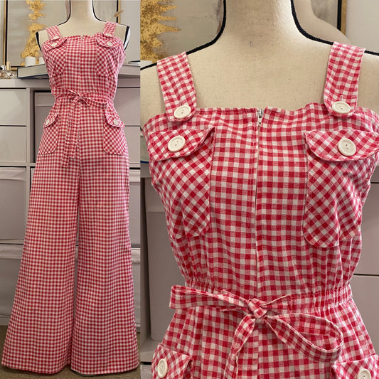 70s Gingham Wide Leg Jumpsuit (XS-M, 25"-29" Waist)