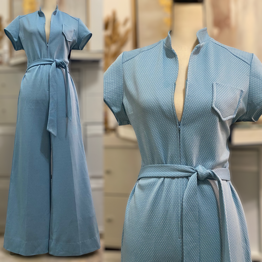 70s Swiss Dot, Zipper Front Bell Bottom Jumpsuit (L, 31”-34” waist
