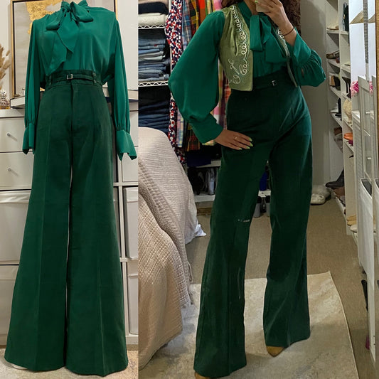 70s Emerald Cotton Velvet High Rise, Flared Pants (M, 28”-29” W)