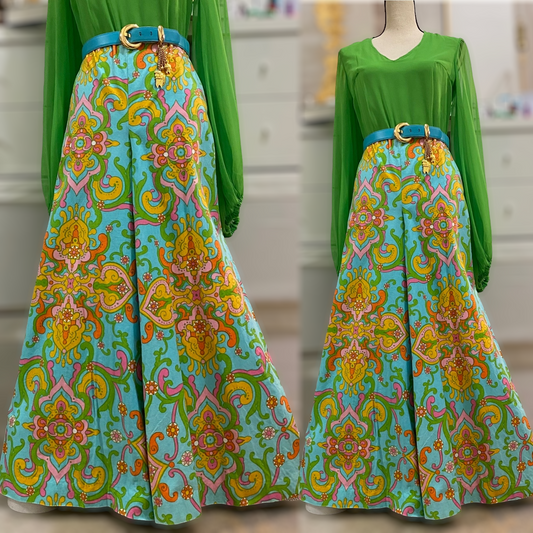 60s-70s Groovy, Cotton Palazzo Pants (L, 31"-36"W)