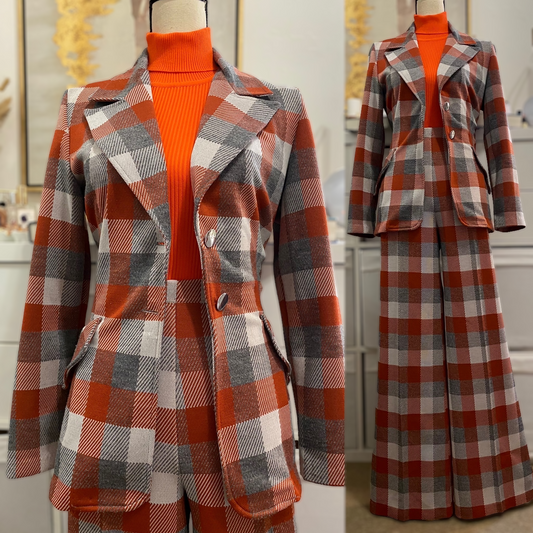 70s Fall Checkered Plaid 2PC Pantsuit (M, 28"-32" Waist)