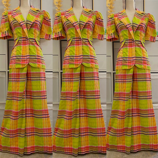 60s-70s Pastel Plaid Seersucker High Rise Pantsuit (XS, 24” waist)