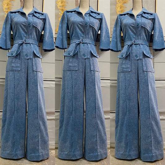 70s Nubbly Cotton Wide Leg Utility Jumpsuit W/ Belt (S-M)