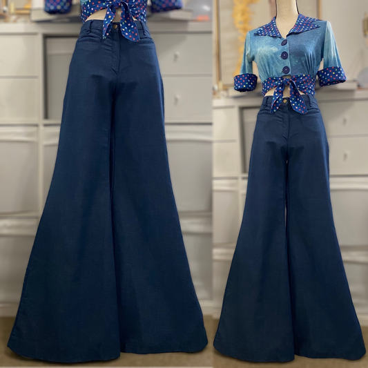 70s Faux Denim, Midrise Bell Bottoms (S, 28" Waist)